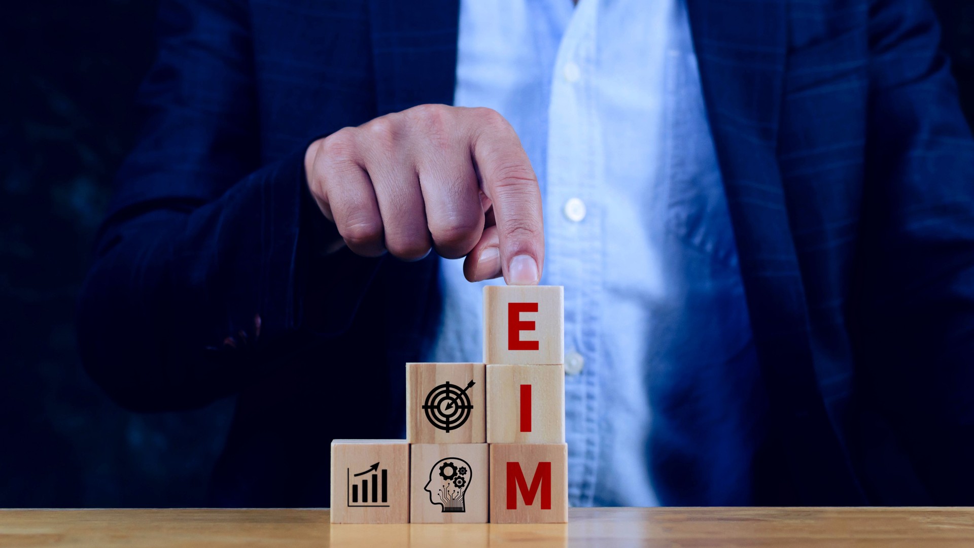EIM Enterprise information management system on wooden cubes, EIM Global Network with Analyzing Technological Data, Efficient Information Management.